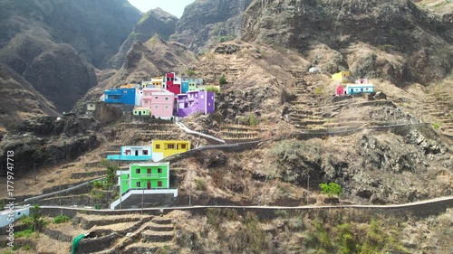 CAPE VERDE - 9.4.2025 - Excellent aerial view of colorful housing on the hills of Cape Verde's Fontainhas village.