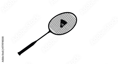A simple black and white illustration of a badminton racket and shuttlecock
