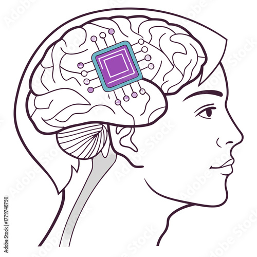 Artificial intelligence concept in human brain, showing a microchip integrated into the head, enhancing cognitive capabilities and processing power