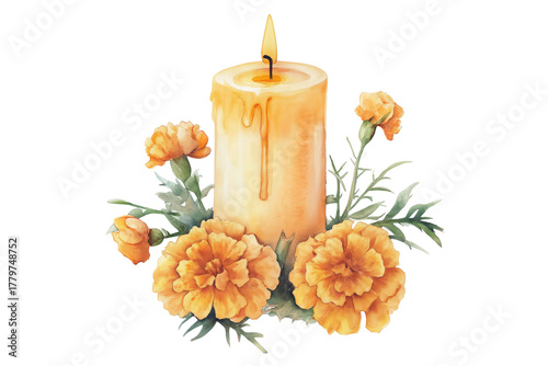 Hand Painted Candle with Marigold Flowers Transparent Background