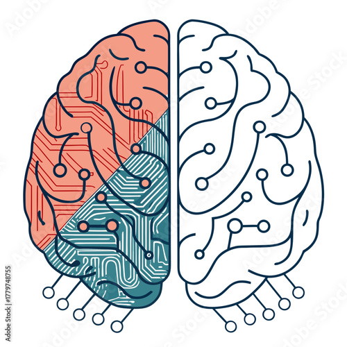 Conceptual graphic illustration of a digital brain with a motherboard hemisphere symbolizing artificial intelligence and technology