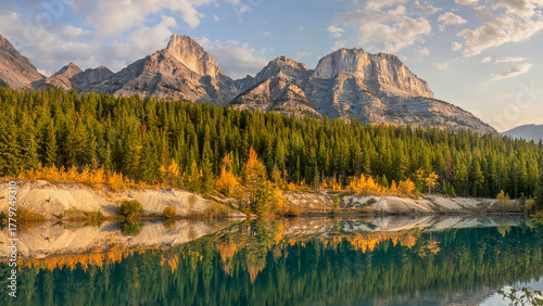 Panorama of the David Thompson Highway 11 in Autumn morning - near the Saskatchewan River Crossing entrance to the Icefields Parkway in Banff National Park