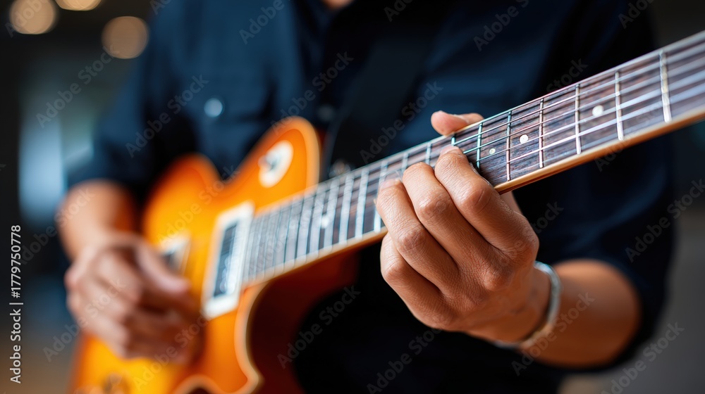 Obraz premium African American man playing electric guitar with vibrant orange finish, showcasing skillful finger placement and musical passion in a blurred indoor setting with warm lighting