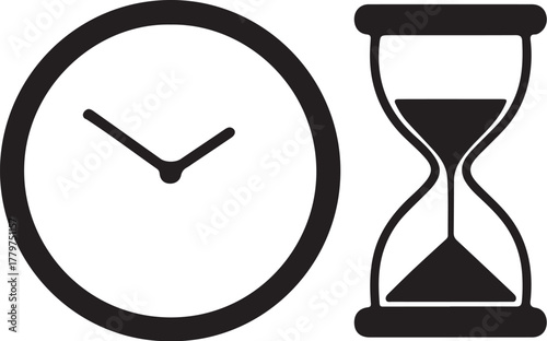 Black and white illustration of a clock and an hourglass side by side representing time sand timer timekeeping on transparent background