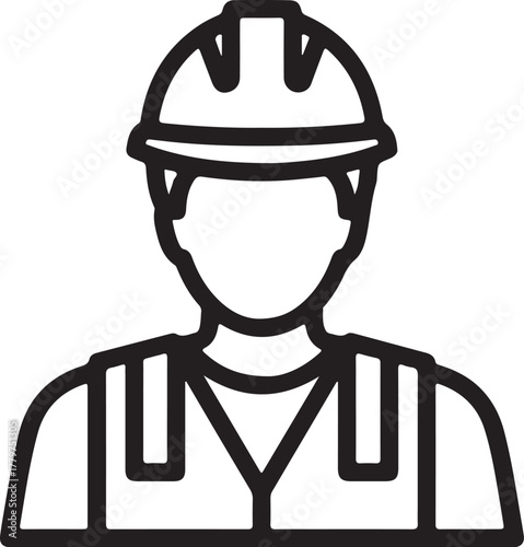 Black Outline Icon of a Construction Worker Wearing a Hard Hat and Vest on White Background builder safety helmet on transparent background