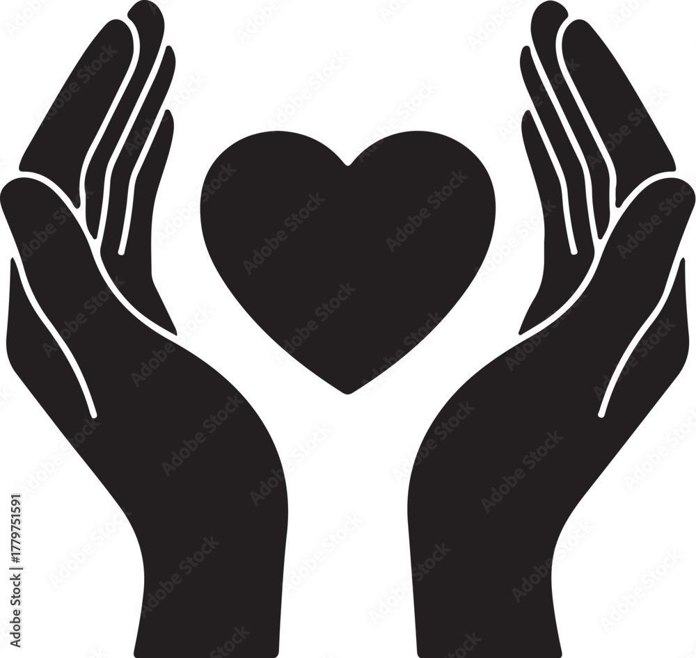 Obraz premium Black Silhouette of Cupped Hands Holding a Heart Shape on White Background Keywords: hands, heart, love, care, support, protection, compassion, kindness, charity, donation, on transparent background