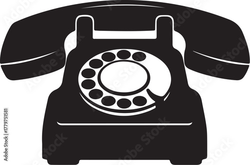 Black silhouette of a vintage rotary dial telephone with a handset on top vector illustration on transparent background