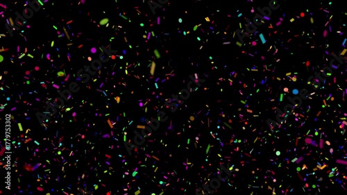 Realistic colorful confetti animation falling down, perfect for party, birthday, New Year celebration, wedding, and festive video projects. Includes transparent on Alpha Channel ProRes 4444.