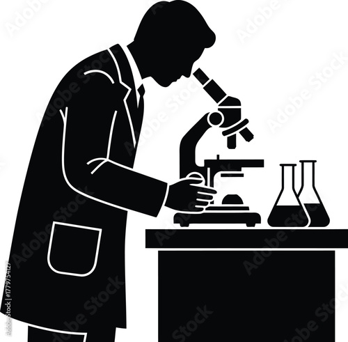 Scientist silhouette vector looking at microscope