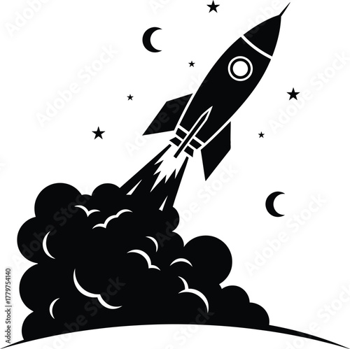 Rocket silhouette vector launching into space