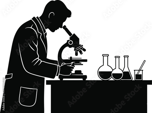 Scientist silhouette vector looking at microscope