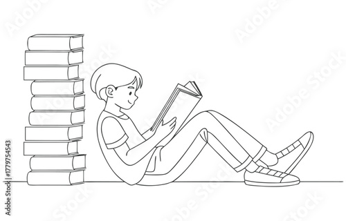 Boy Reading Book with Stack of Books