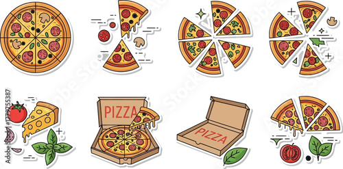 Pepperoni Pizza Icons with Ingredients