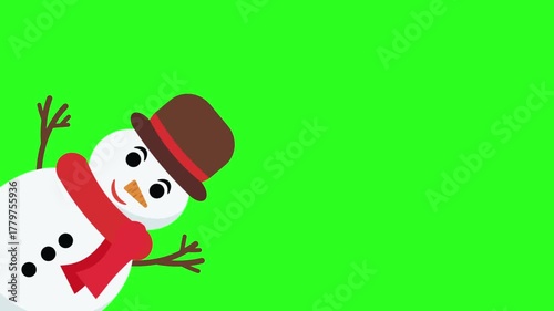 Animated looped video Joyful snowman in corner. Green chroma key background. Christmas winter themed video projects. Overlays animation can be easily integrated into holiday greetings ads. Copy space.