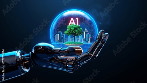 Wallpaper Mural Robotic arm holding a glowing AI symbol showcasing a green tree and cityscape representing artificial intelligence and environmental sustainability Torontodigital.ca
