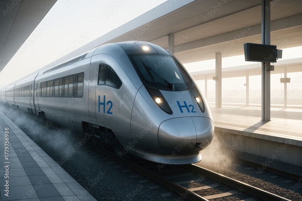 Fototapeta premium Sleek hydrogen train at station, symbolizing sustainable transport future.