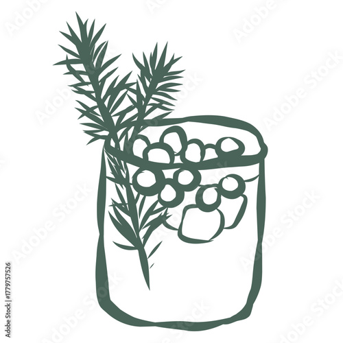 Christmas Drink with Berries. Line Art Illustration.