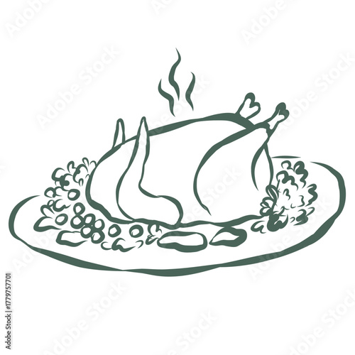 Roasted Chicken. Line Art Illustration.