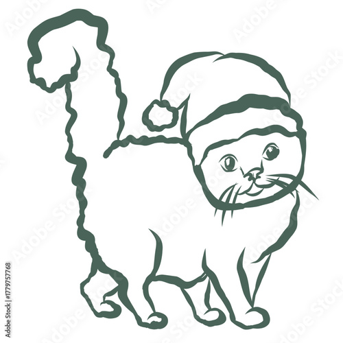 Cute Christmas Cat. Line Art Illustration.