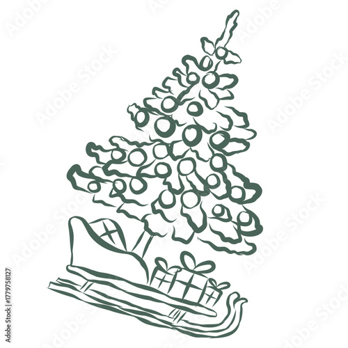Christmas Tree. Line Art Illustration.