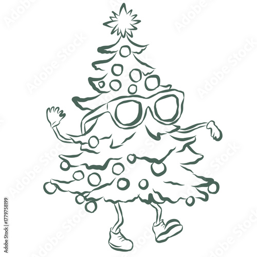 Dancing Christmas Tree. Line Art Illustration.