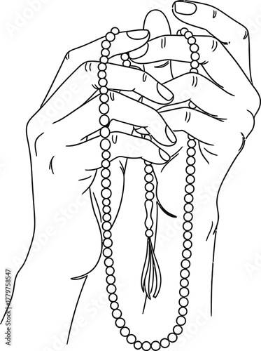 Close up sketch of hands holding prayer beads in a spiritual or meditative gesture