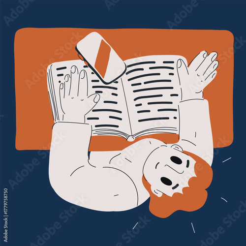 Cartoon vector illustration of a woman reading a book from top view, symbolizing knowledge, imagination, and the journey of the mind