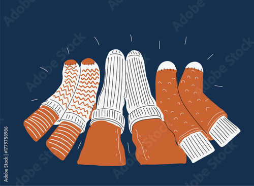 Cartoon vector illustration of three people’s feet in warm socks, symbolizing comfort as shared cozy moments against dark background