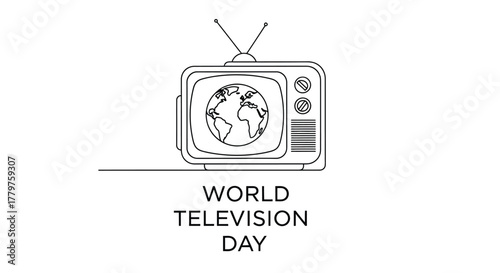 Simple line drawing of a vintage television displaying an image of earth
