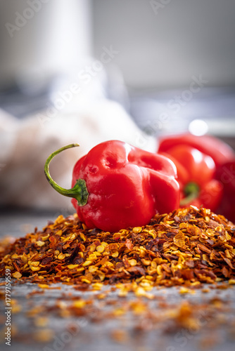 Red chili pepper habanero and chili flakes on kitchen table.
