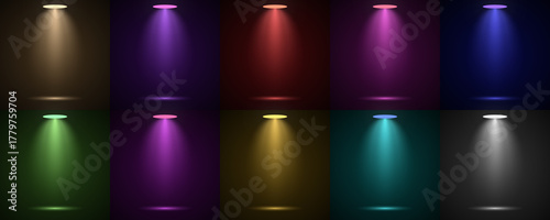 Collection of ten spotlights in different colors on a dark background isolated on transparent background