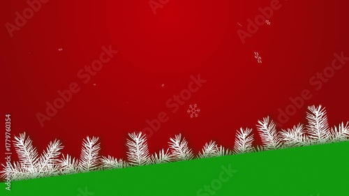 Animated festive video White pine branches on bright red Christmas background Snowflakes falling creating warm holiday mood Copy space for custom text For holiday greetings video intros seasonal ads