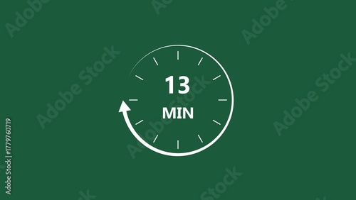  Clock icon 13 minute white color 4k illustration. Stopwatch in flat style 13 minute on dark green background.