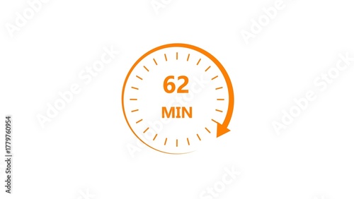 Clock icon 62 minute orange color 4k illustration. Stopwatch in flat style 62 minute on white background.