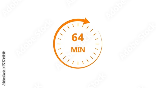 Clock icon 64 minute orange color 4k illustration. Stopwatch in flat style 64 minute on white background.