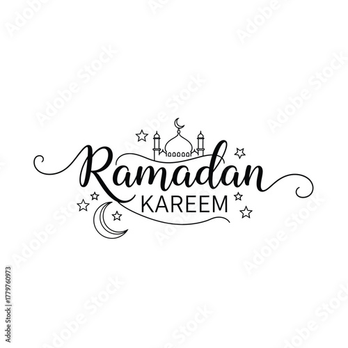 Elegant ramadan kareem calligraphy with crescent moon and mosque silhouette