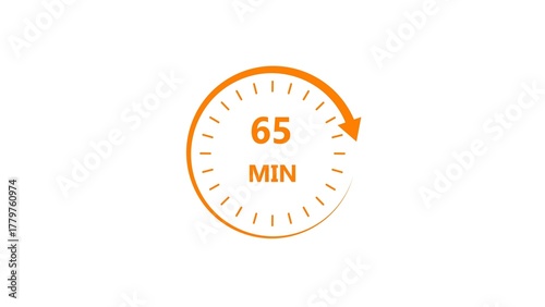 Clock icon 65 minute orange color 4k illustration. Stopwatch in flat style 65 minute on white background.