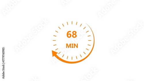 Clock icon 68 minute orange color 4k illustration. Stopwatch in flat style 68 minute on white background.