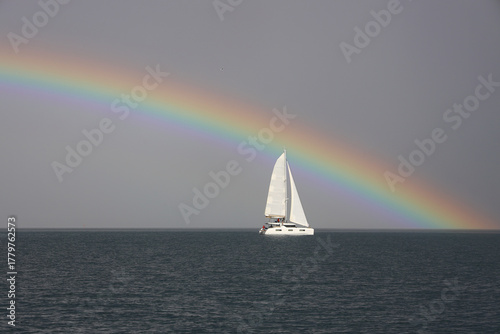 Sailing under the rainbow in the Aegean Sea.