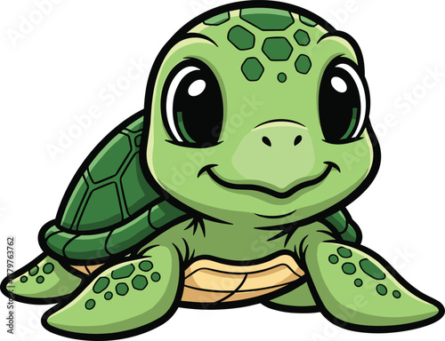 Baby cartoon turtle, cute reptile character, smiling turtle face, friendly kids illustration, green shell detail, adorable animal mascot, vector art