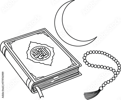 Islamic symbols of the quran crescent moon and prayer beads in a simple line drawing