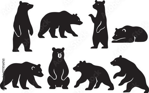 Set of black bear silhouettes in various poses and actions, standing, walking, and lying down on a white background.