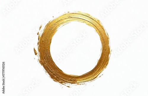 Textured golden circle painted brush stroke. Abstract luxury gold ring on white background. Graphic element for design border or frame. Festive metallic paint.