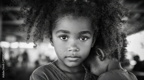 Young girl with curly hair looking directly at the camera, soft expression, black and white photography, indoor setting with blurred background, emotional portrait.