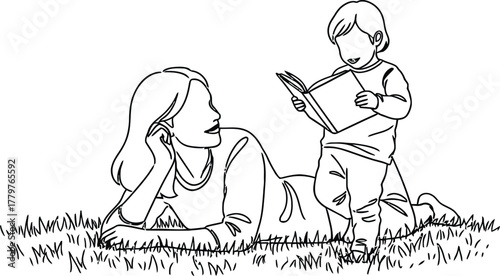 Mother and child enjoying a story together outdoors on a sunny day