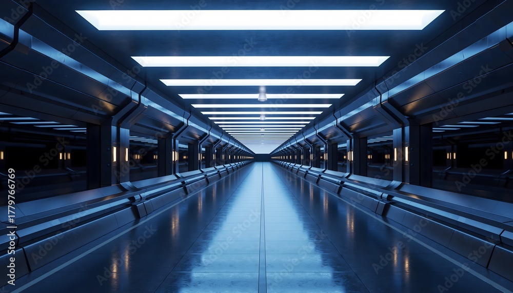 Fototapeta premium Futuristic Sci-Fi Corridor with Blue Neon Lighting and Reflective Floor
