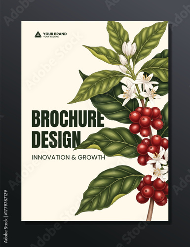 Coffee plant and coffee fruit background illustration brochure design template