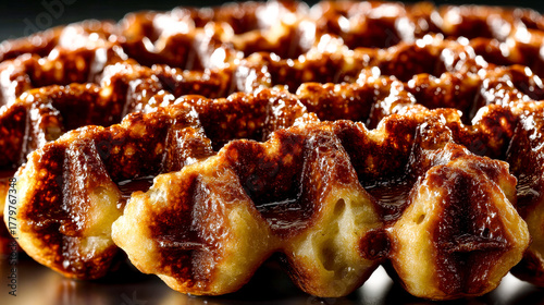 Macro close up of a dark liege waffle coated in a shiny caramel sauce or syrup.