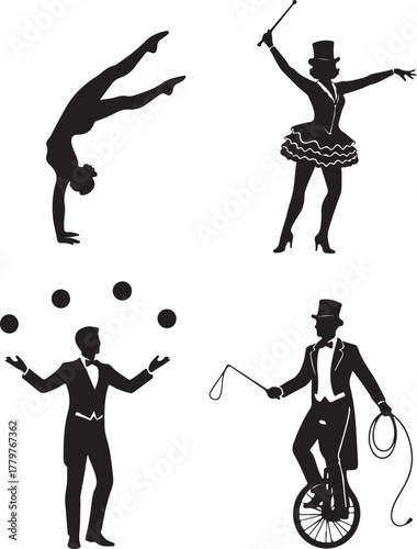 Diverse circus performers showcase skills: acrobat, ringmaster, juggler, and unicyclist in silhouette, evoking entertainment and showmanship.