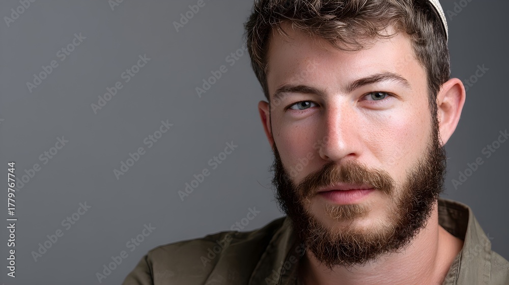 Fototapeta premium Portrait of a Jewish man with a calm expression and soft lighting against a neutral backdrop